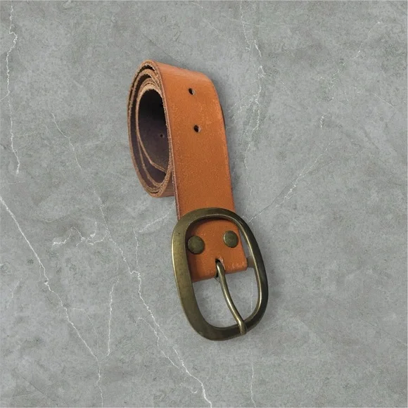 Tan Leather Belt with Brass Buckle - Picture 7 of 8